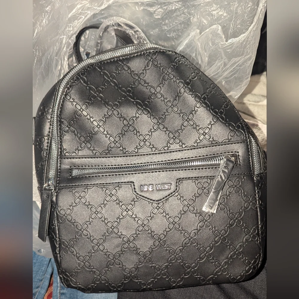Nine West Black Quilted Logo Mini Backpack with Front Zip
